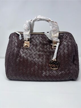 NWT Michael Kors Grayson Large Woven Leather Satchel - Mocha Brown